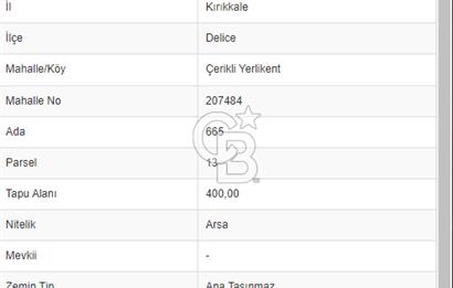 KIRIKKALE DELİCE ÇERİKLİ YERLİKENT DE 15 KAT İMARLI ARSA