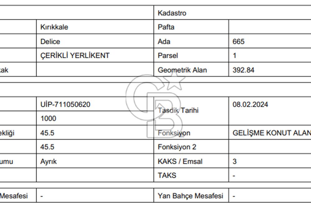 KIRIKKALE DELİCE ÇERİKLİ YERLİKENT DE 15 KAT İMARLI ARSA