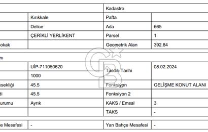 KIRIKKALE DELİCE ÇERİKLİ YERLİKENT DE 15 KAT İMARLI ARSA