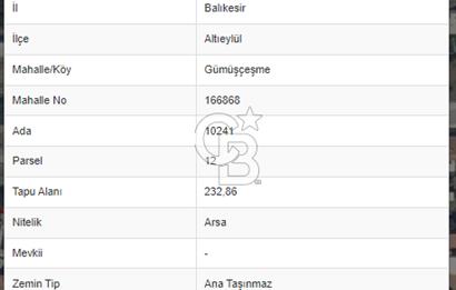 BALIKESİR ALTIEYLÜL GÜMÜŞÇEŞME MAHALLESİ'NDE SATILIK ARSA