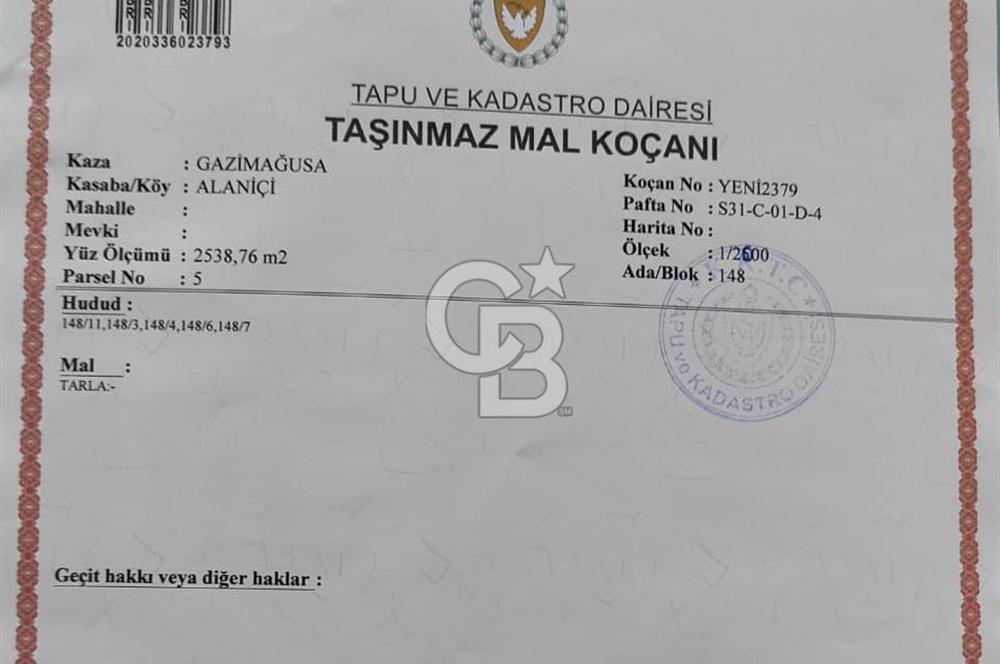 K.K.T.C GAZİMAĞUSA ALANİÇİ'NDE YATIRIM FIRSATI FASIL 96 ARSA