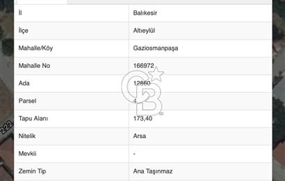 BALIKESİR ALTIEYLÜL GAZİOSMANPAŞA MAH. 326,58 m² SATILIK ARSA