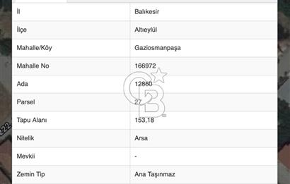 BALIKESİR ALTIEYLÜL GAZİOSMANPAŞA MAH. 326,58 m² SATILIK ARSA