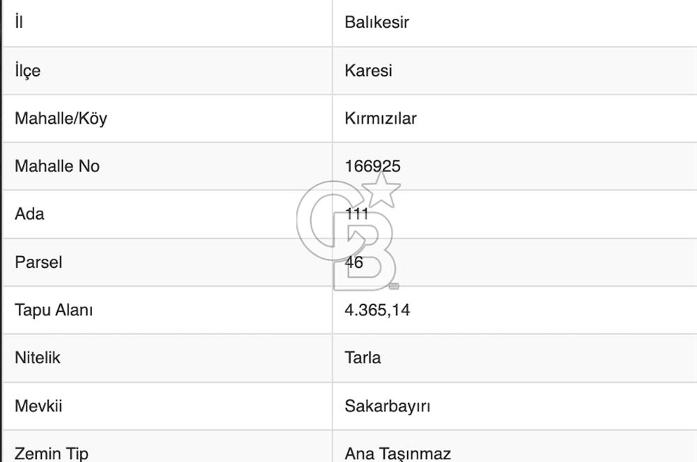 BALIKESİR KARESİ KIRMIZILAR'DA SATILIK 4365 m² TARLA