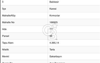 BALIKESİR KARESİ KIRMIZILAR'DA SATILIK 4365 m² TARLA