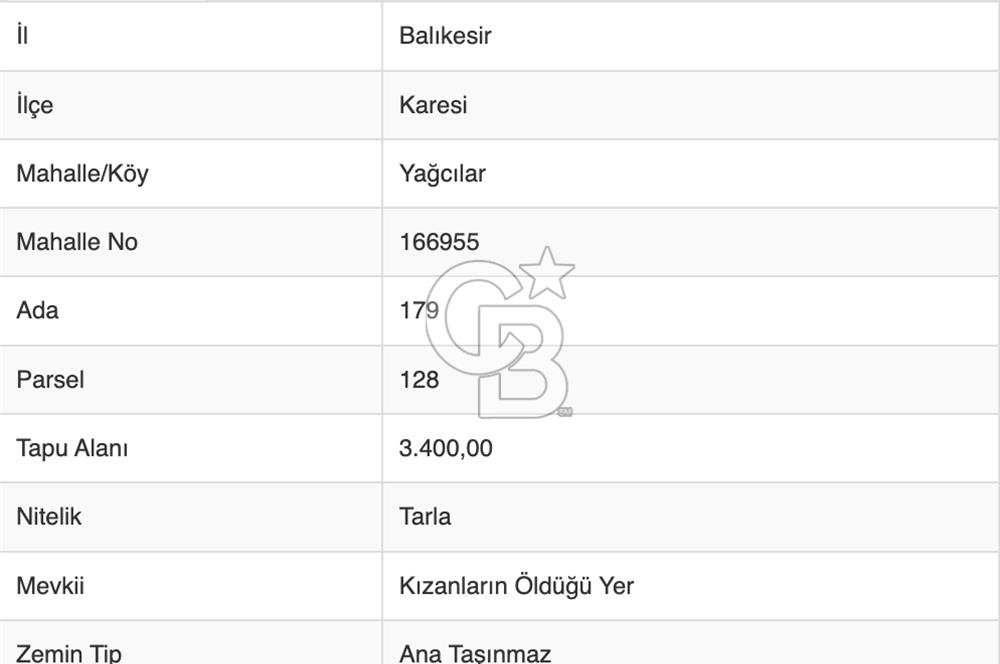 BALIKESİR KARESİ YAĞCILAR'DA SATILIK 3400 m² TARLA