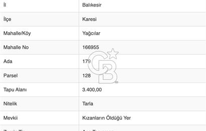 BALIKESİR KARESİ YAĞCILAR'DA SATILIK 3400 m² TARLA