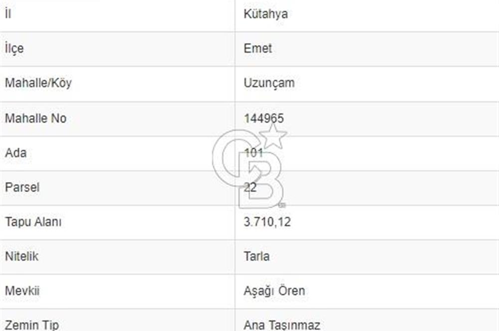 EMET UZUNÇAM'DA KADASTRAL YOLA CEPHELİ 3710 M² TARLA