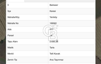 BALIKESİR KARESİ YENİKÖY MAH. YOLA SIFIR 2.630 m² SATILIK TARLA