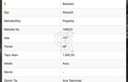 BALIKESİR ALTIEYLÜL PAŞAKÖY'DE EMSALSİZ 1892m² SATILIK ARSA