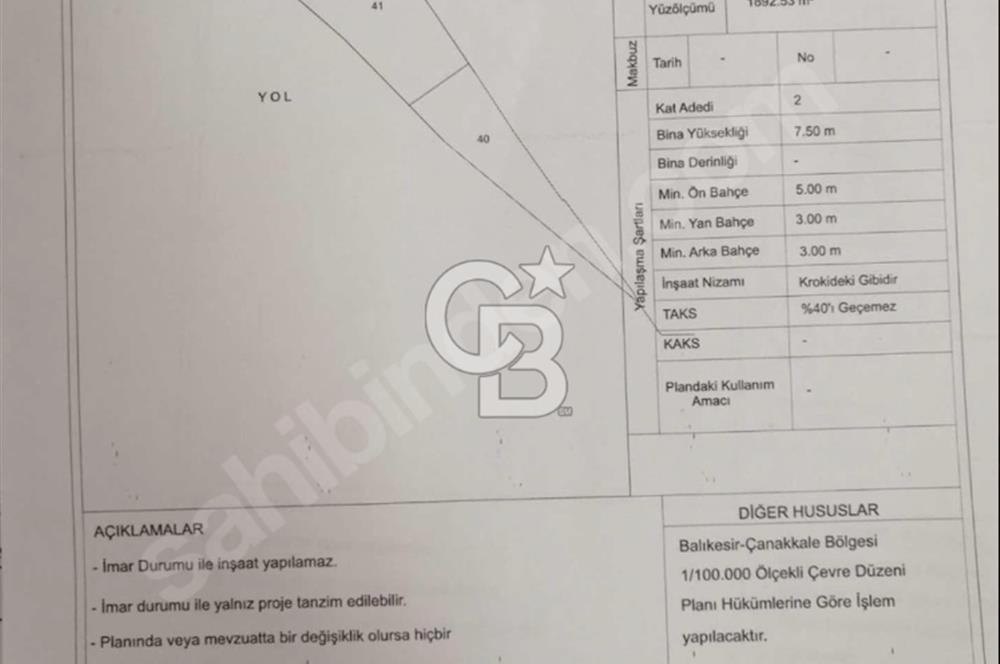 BALIKESİR ALTIEYLÜL PAŞAKÖY'DE EMSALSİZ 1892m² SATILIK ARSA