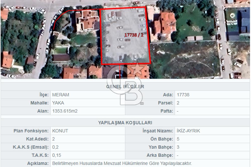 CB DİNAMİKTEN MERAM TIP FAKÜLTESİ DİŞ HASTANESİ KARŞISINDA  İŞLETMELİ OTOPARK OLARAK KULLANILAN 1354M2 MUHTEŞEM ARSA 