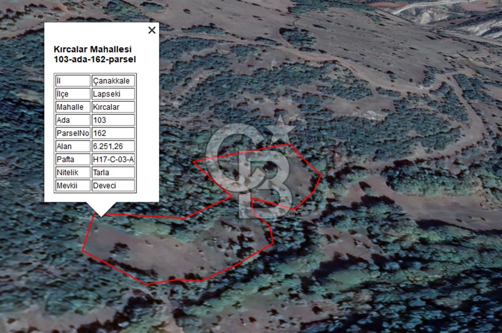 LAPSEKİ KIRCALARDA KÖYÜN KARŞISINDA 6.251 M² SATILIK TARLA