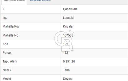 LAPSEKİ KIRCALARDA KÖYÜN KARŞISINDA 6.251 M² SATILIK TARLA