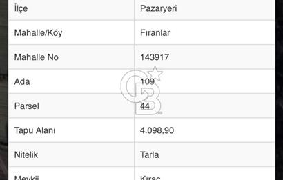 CB CITY'DEN BİLECİK PAZARYERİ FIRANLAR'DA SATILIK TARLA