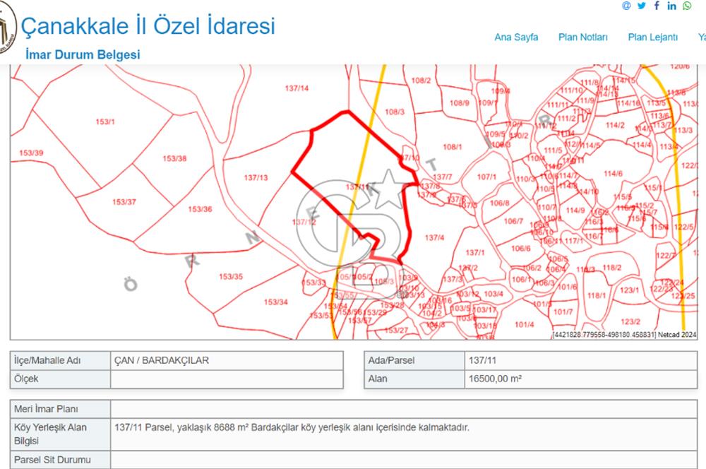 Çanakkale Çan Bardakçılar Köyü Satılık 16.500 M2 Arazi