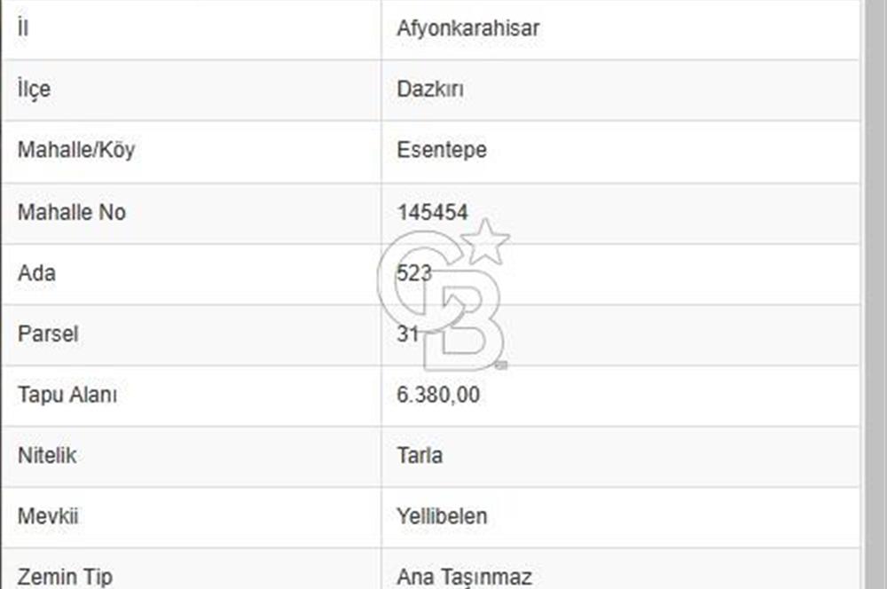 Dazkırı Esentepe de Organize Yakını 6380 M² Satılık Tarla