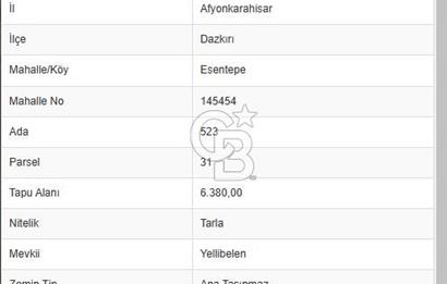 Dazkırı Esentepe de Organize Yakını 6380 M² Satılık Tarla