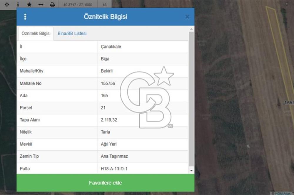 ÇANAKKALE BİGA BEKİRLİ YOLU OLAN YATIRIMLK 2100 M2 SATILIK TARLA