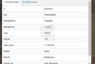 CB ATA'DAN ERZURUM PALANDÖKEN TOPARLAK MAH. SATILIK TARLA