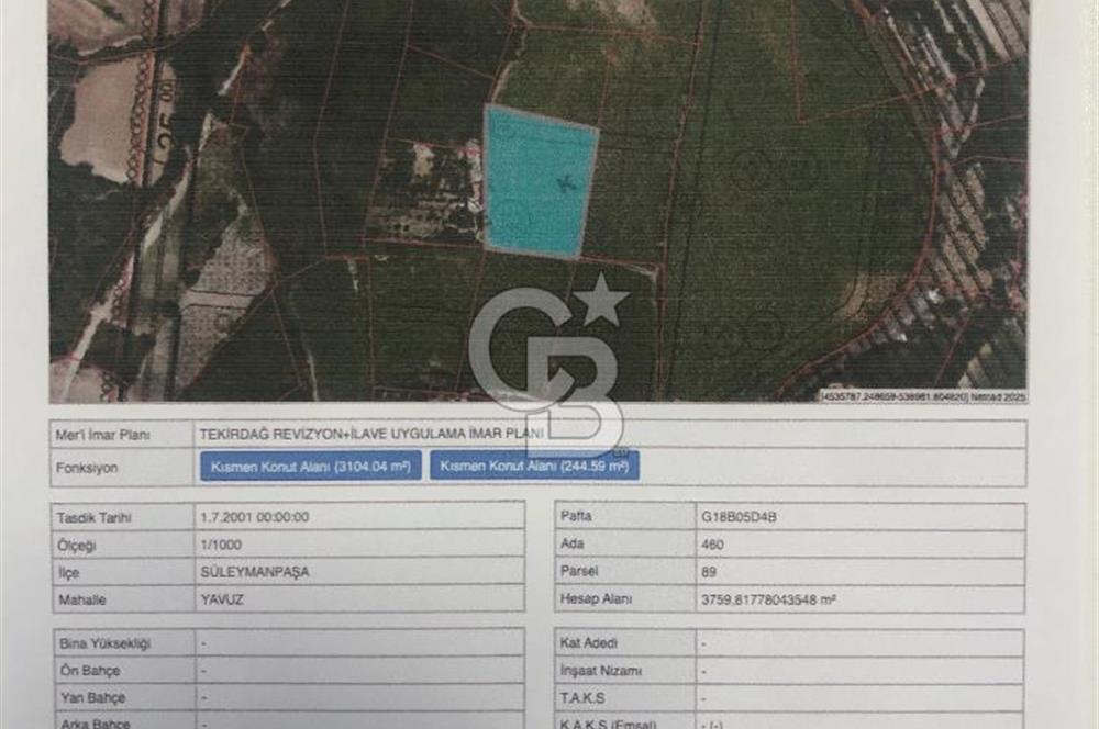 TEKİRDAĞ MERKEZE ÇOK YAKIN KONUT İMARLI 3.759 M2 SATILIK ARSA