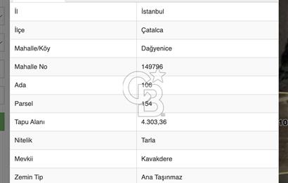 Çatalca Dağyenice'de Çaplı Muvafakatnameli 237 m2 Arazi