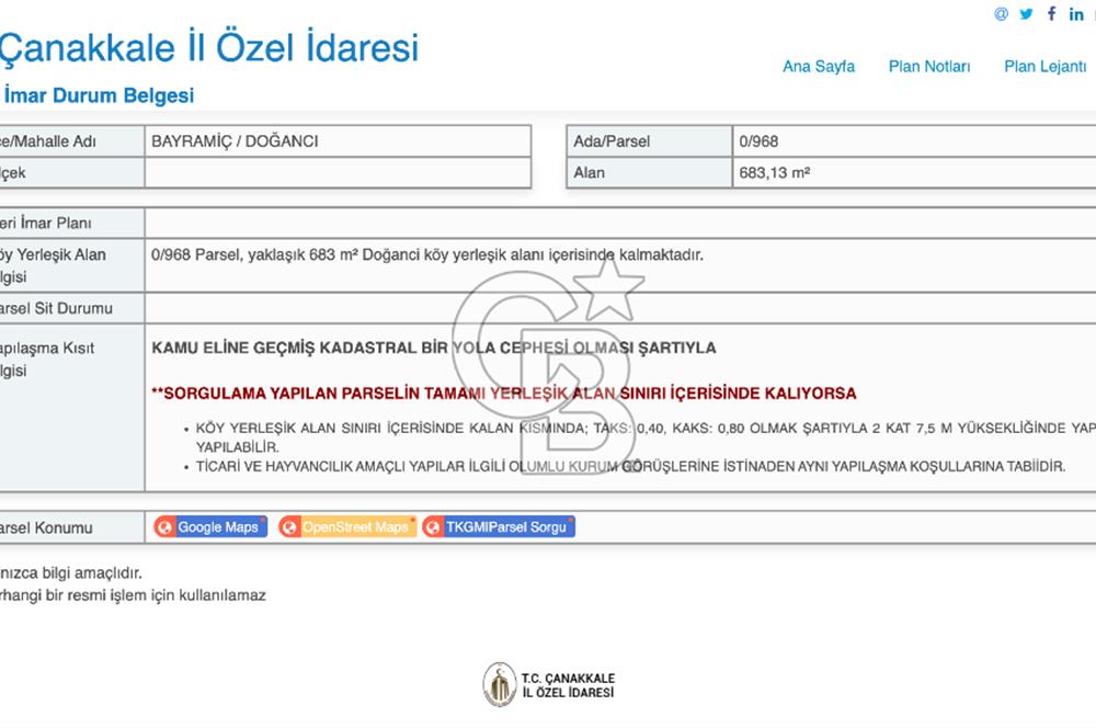 Çanakkale Bayramiç'te 683 m2 İmarlı Arsa