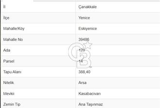 ÇANAKKALE YENİCE'DE SATILIK 388 M2 İMARLI ARSA