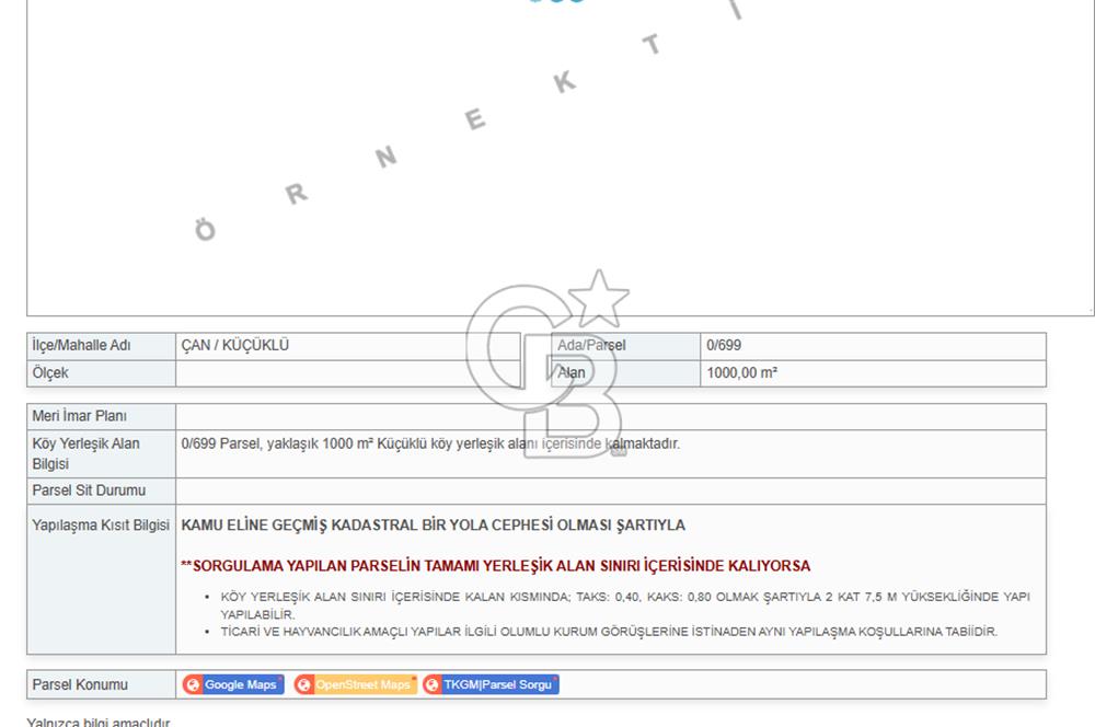 ÇANAKKALE ÇAN KÜÇÜKLÜ KÖYÜNDE SATILIK İMARLI ARSA