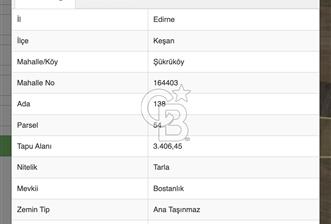 Edirne Keşan Şükrüköy'de 3407 m2 Bostanlık