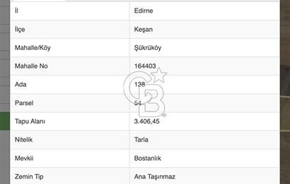 Edirne Keşan Şükrüköy'de 3407 m2 Bostanlık
