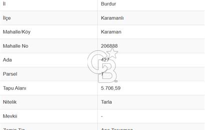 Burdur Karamanlı Karaman Mahallesinde 8.075 M² Satılık Arazi