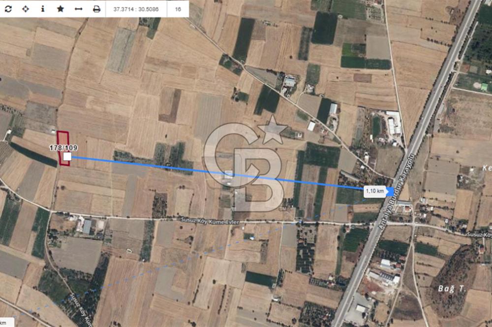 BURDUR BUCAK SUSUZ DA YOLA CEPHE 3.655 M2 SATILIK TARLA