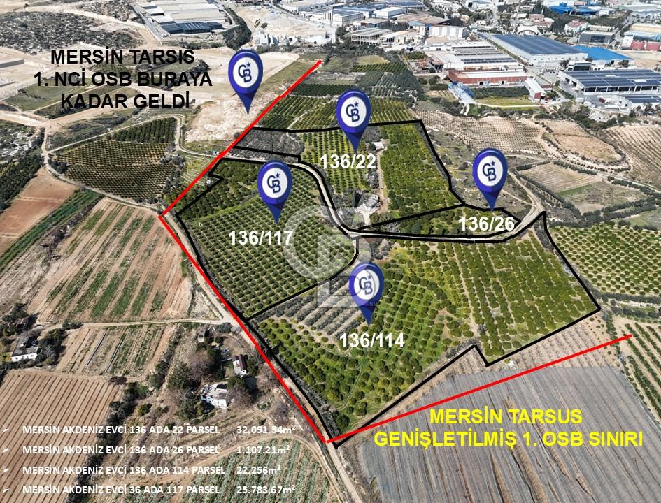 MERSİN-AKDENİZ-EVCİ MAH. TARSUS 1. OSB SINIR SATILIK 4 PARSEL BAHÇE
