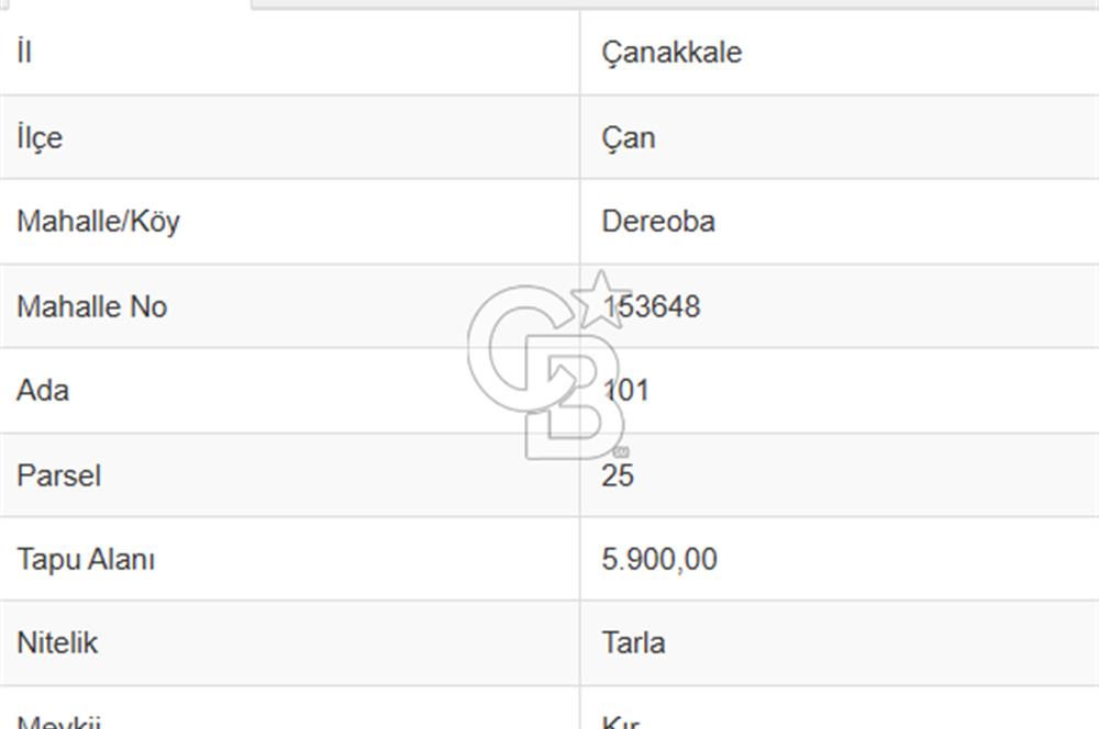 ÇANAKKALE ÇAN DEREOBA KÖYÜNDE YATIRIM FIRSATI 5900 m² TARLA!