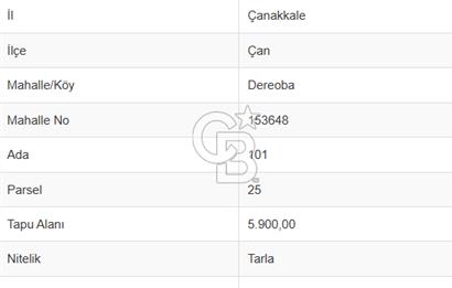 ÇANAKKALE ÇAN DEREOBA KÖYÜNDE YATIRIM FIRSATI 5900 m² TARLA!