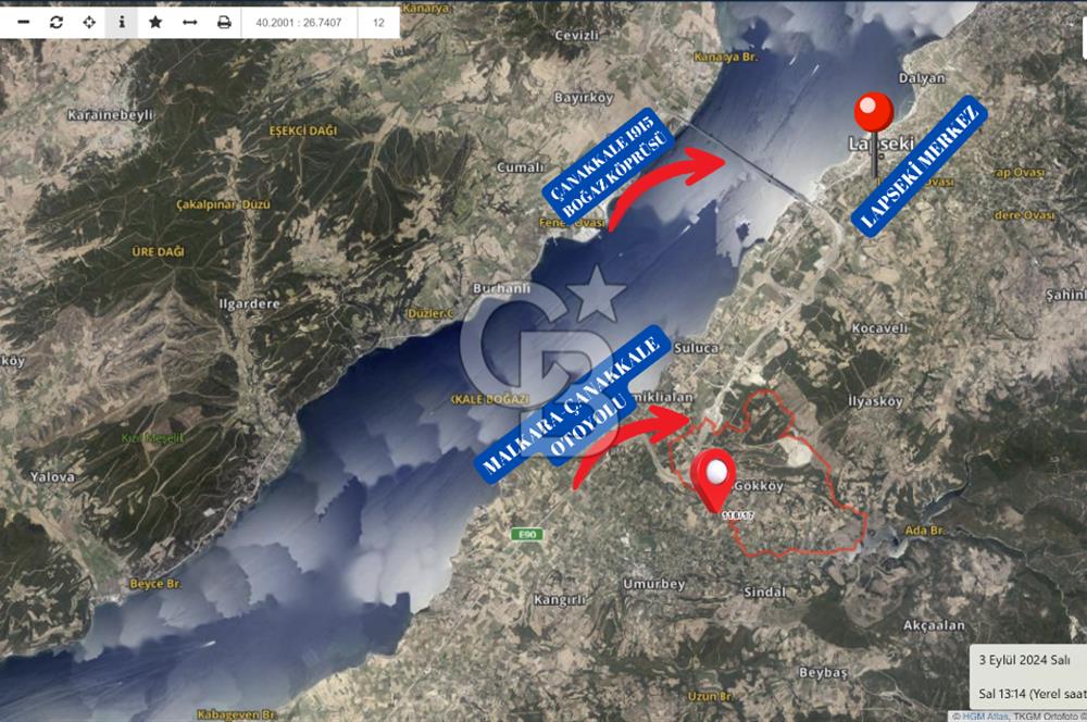 LAPSEKİ GÖKKÖY'DE KADASTRO YOLU OLAN