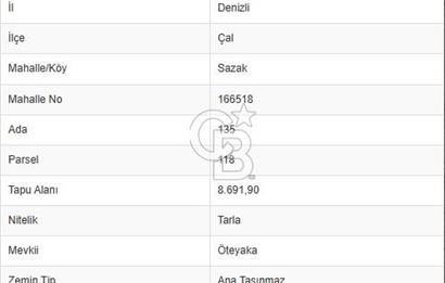 Çal Sazak da Satılık 8.692 M²Arazi 