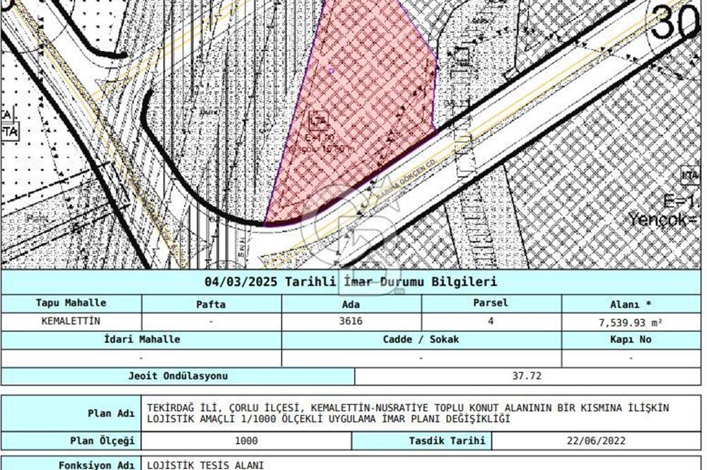 Çorlu Kemalettin Mah 7.540 m2 Lojistik Tesis İmarlı Satılık Arsa