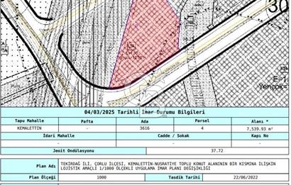 Çorlu Kemalettin Mah 7.540 m2 Lojistik Tesis İmarlı Satılık Arsa