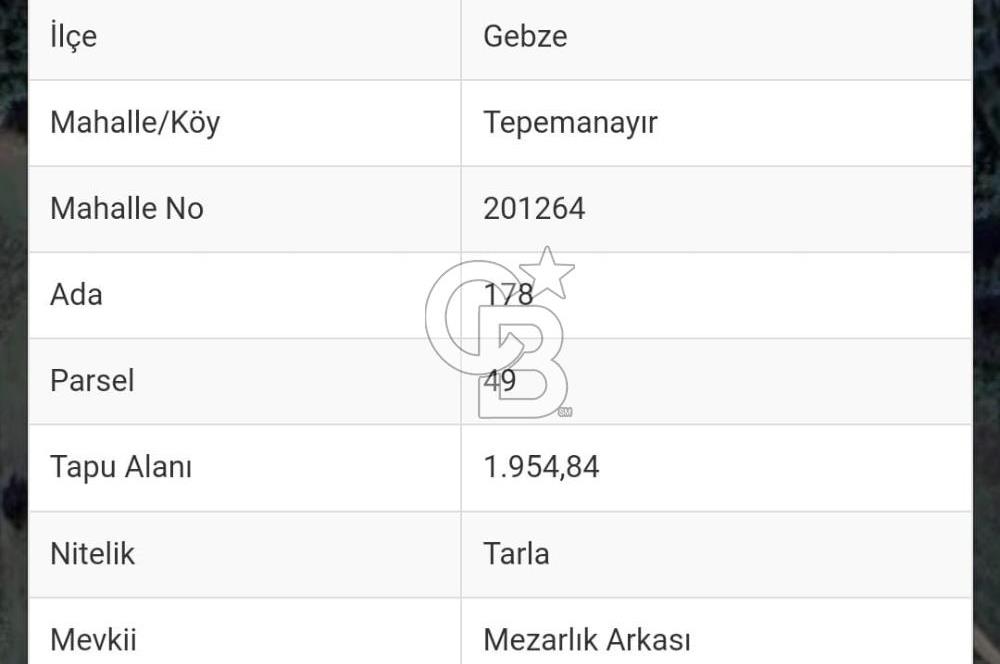 KOCAELİ GEBZE TEPEMANAYIR'DA 1954 M2 ARAZİ