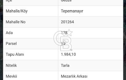 KOCAELİ GEBZE TEPEMANAYIR'DA 1984 M2 ARAZİ