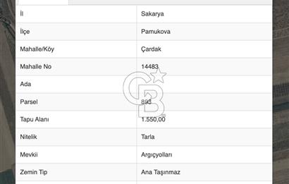 SAKARYA PAMUKOVA ÇARDAK'DA HARİKA KONUMDA 1550 M2 TARLA