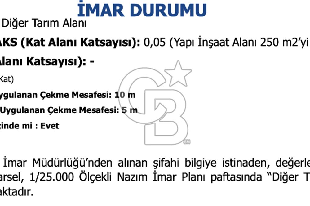 Kocaeli ili, İzmit ilçesi, Biberoğlu Mahallesi'nde, kadastral yola cepheli %5 Diğer Tarım Alanı imarlı (Maks 250 m2 ev yapılabilir) arazi.