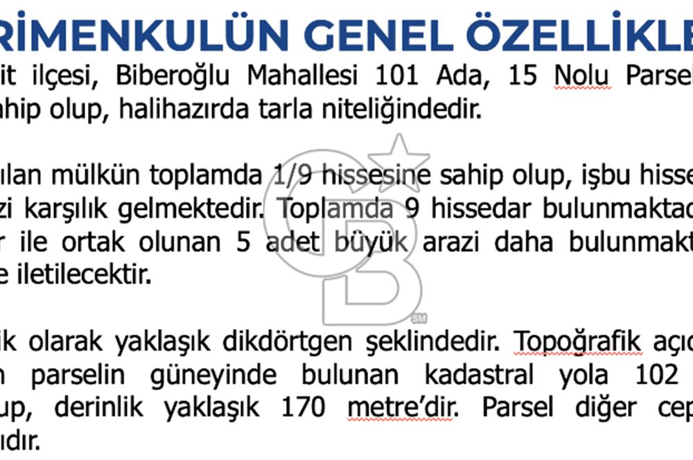 Kocaeli ili, İzmit ilçesi, Biberoğlu Mahallesi'nde, kadastral yola cepheli %5 Diğer Tarım Alanı imarlı (Maks 250 m2 ev yapılabilir) arazi.