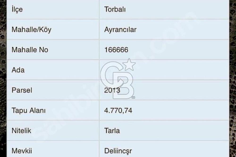 Torbali Ayracilarda Tek Tapulu Satilik Tarla