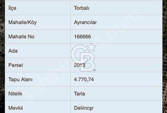 Torbali Ayracilarda Tek Tapulu Satilik Tarla