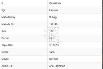 LAPSEKİ SUBAŞI KÖYÜNDE SATILIK 4521,93 m2 TARLA
