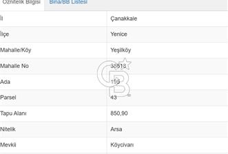 ÇANAKKALE YENİCE YEŞİLKÖY'DE 850 M2 SATILIK ARSA