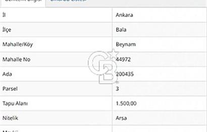 BALA-BEYNAM MAHALLESİNDE, 1500 M2, YATIRIM FIRSATI VİLLA ARSASI